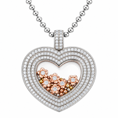 DiamondCelebritees 925 White Silver Heart Floating Flower /Bead in a Glass Cubic Zirconia Pendant
