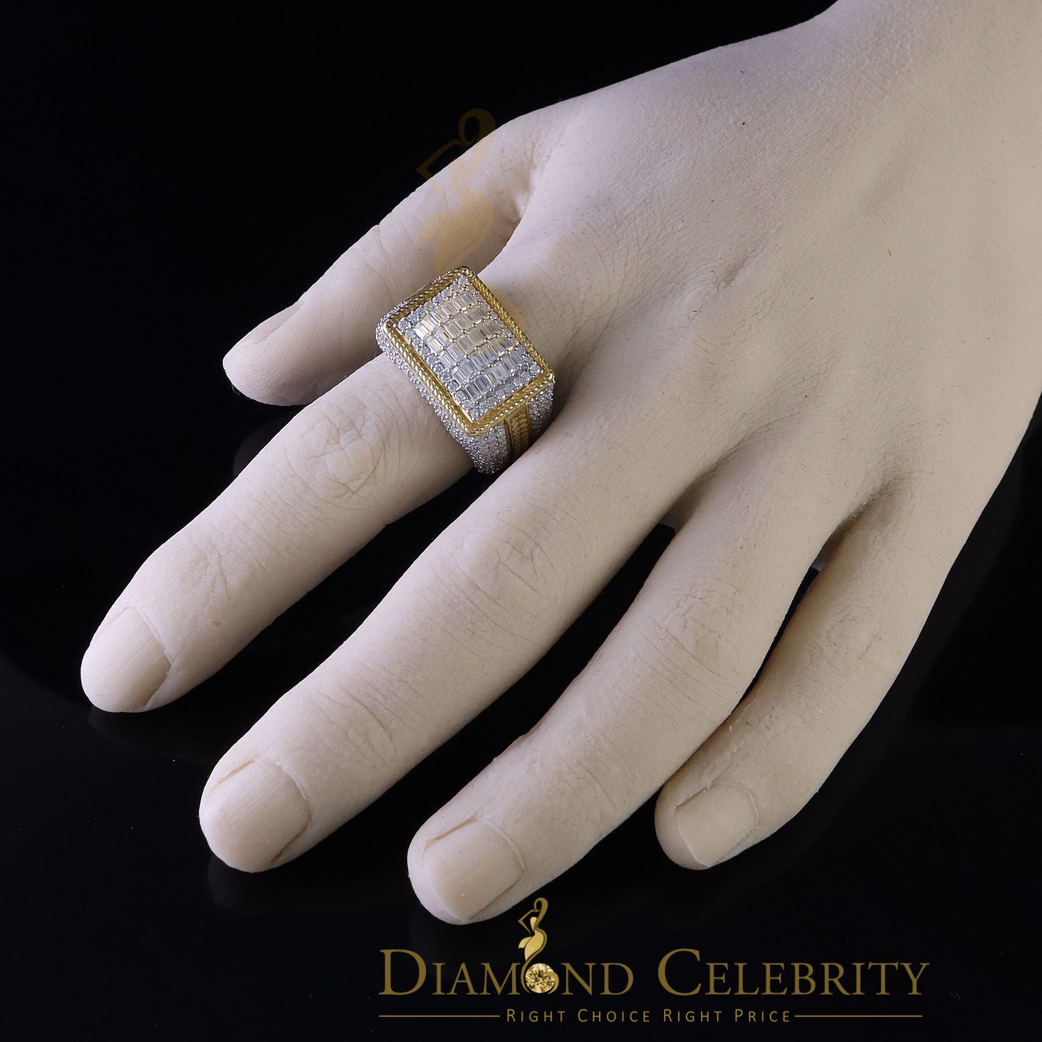 DiamondCelebritees Men's Baguette 4.50ct VVS 'D' Moissanite Yellow Silver 3D Rectangle Rings SZ 10