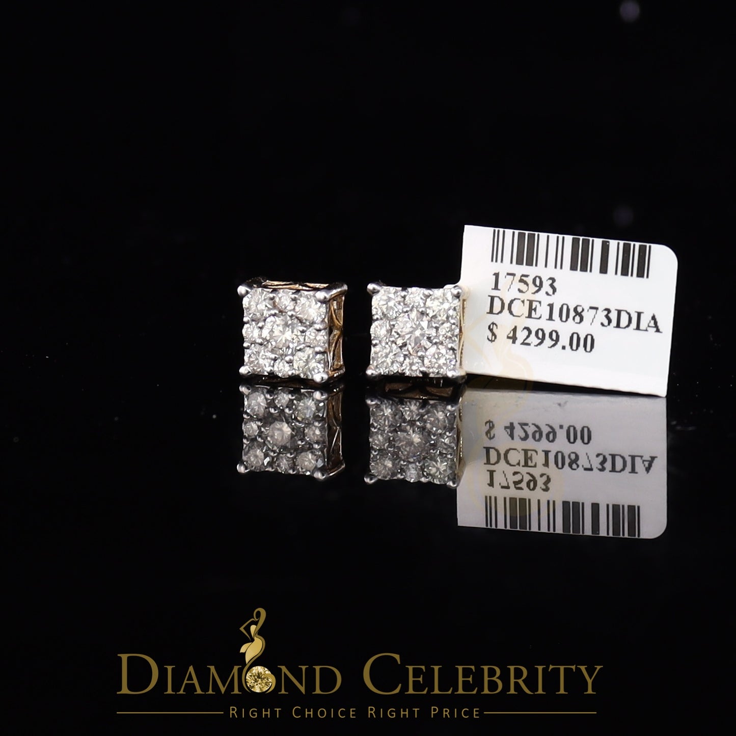 DiamondCelebritees 10K Real Yellow Gold with Real 1.50ct Diamonds Square Stud Earrings