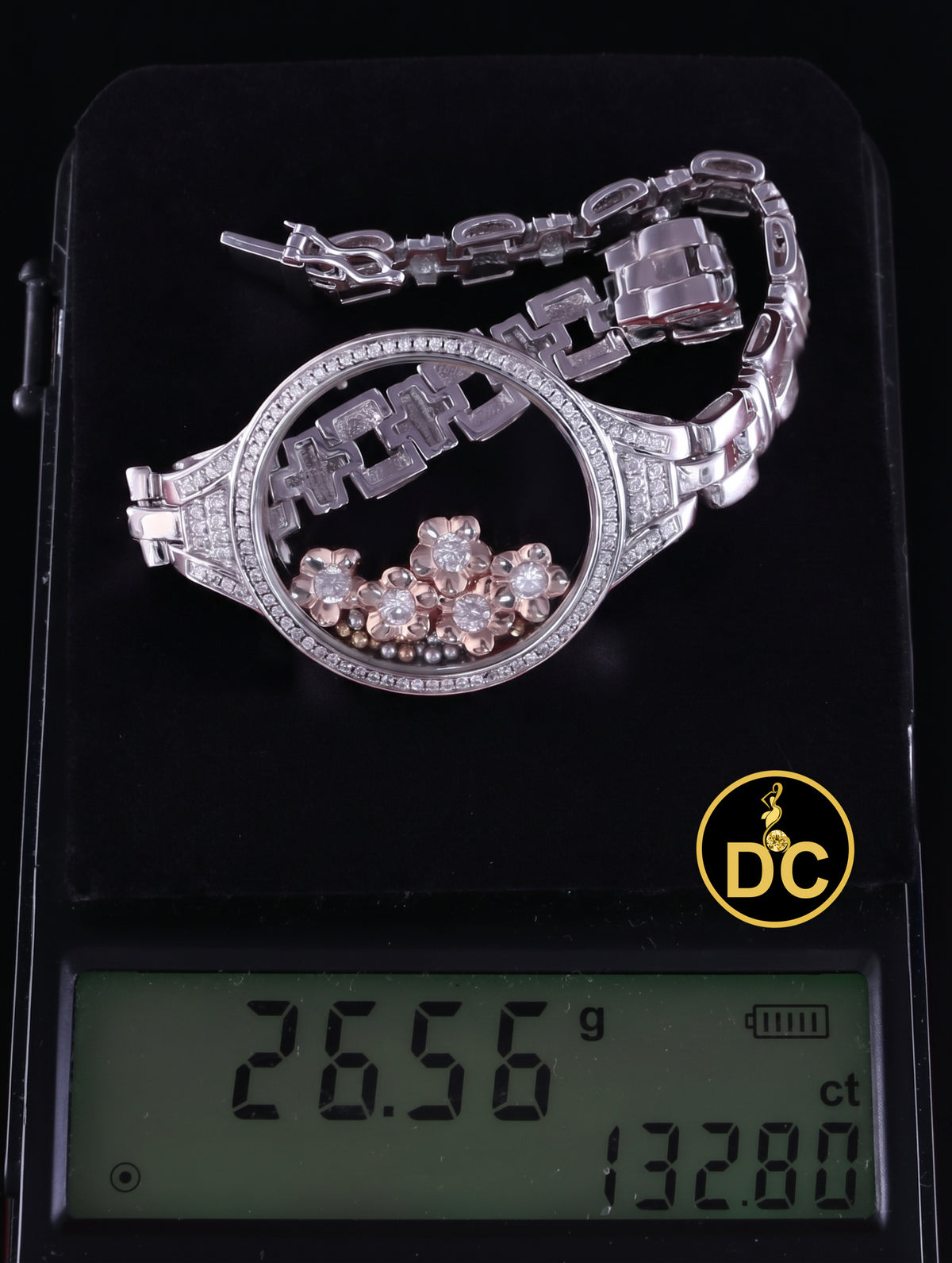 Diamondcelebritees 925 White Sterling Silver Floating Flower Glass / Beads CZ Watch Style Bracelet