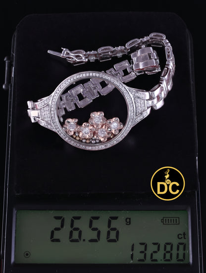 Diamondcelebritees 925 White Sterling Silver Floating Flower Glass / Beads CZ Watch Style Bracelet