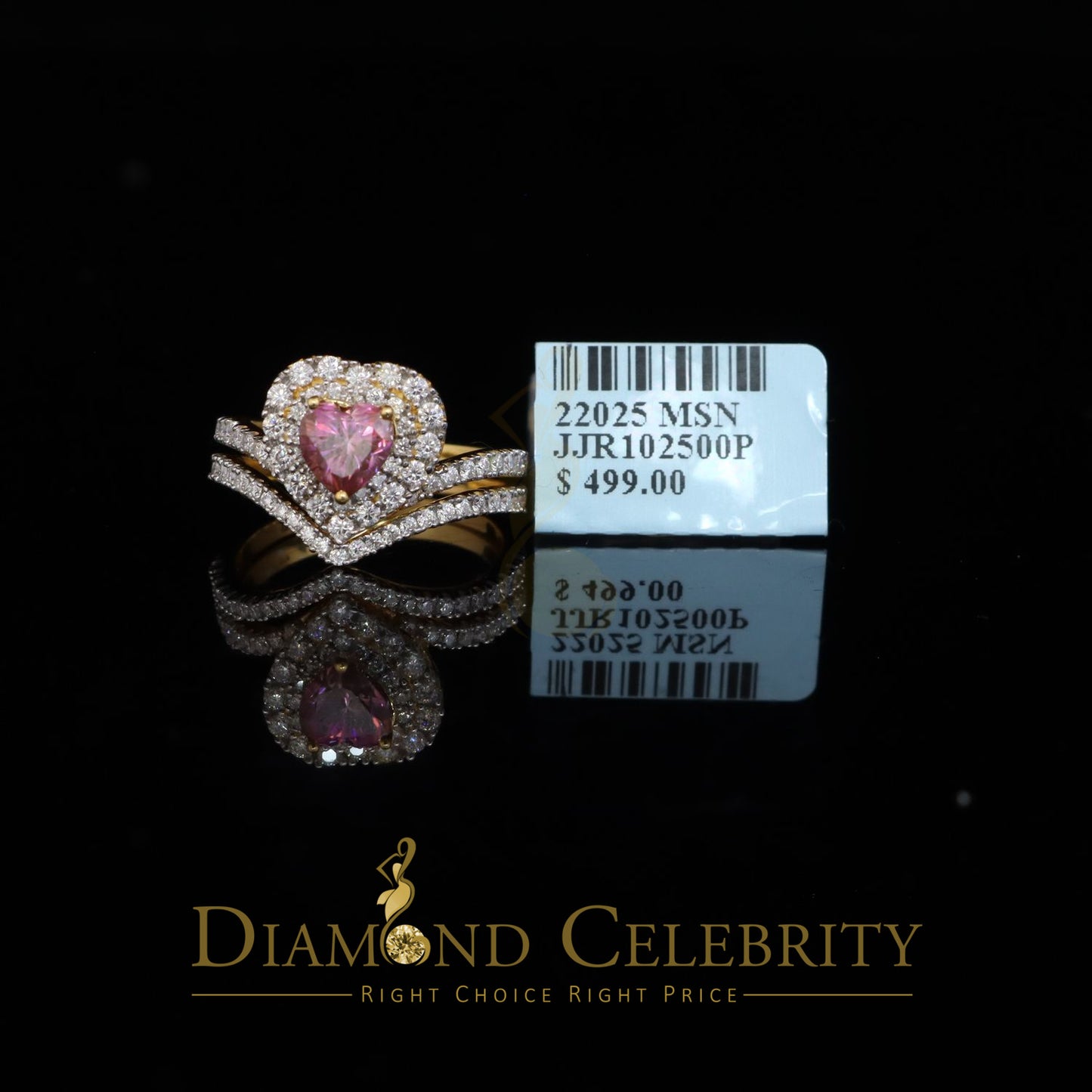 DiamondCelebritees Women's 925 Silver Yellow VVS 'D'1.66CT Pink Moissanite Heart Bridal Ring SZ 7
