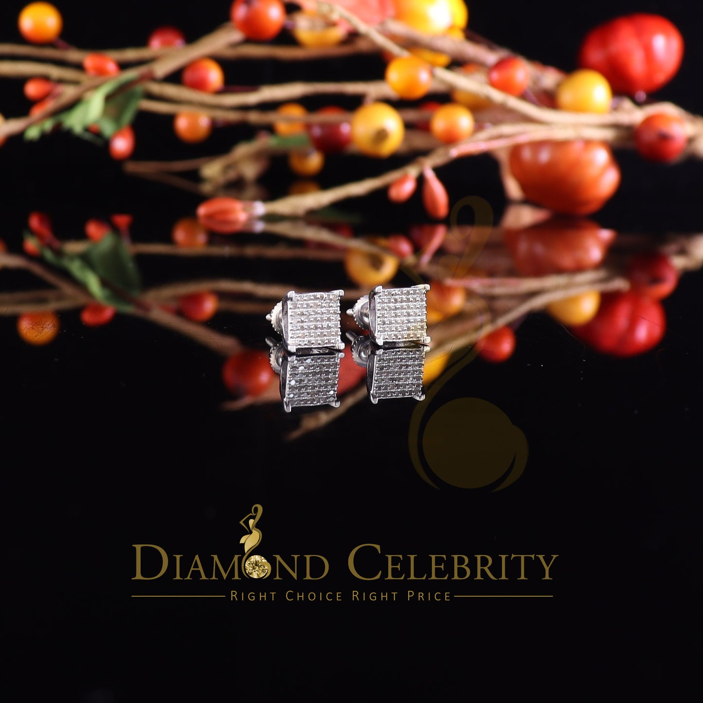 DiamondCelebritees 925 White Silver 0.25 ct Square Real Genuine Diamond Stud Men's Fashion Earrings
