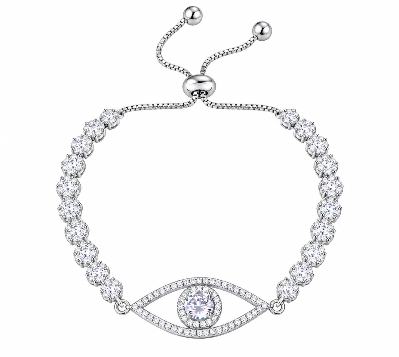 Diamondcelebritees White 925 Silver Eye Shape Bracelet Cubic Zirconia Adjustable Size 7 Inches