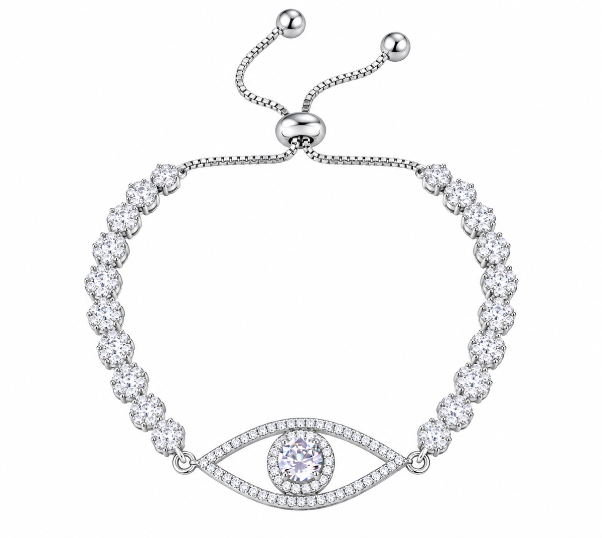 Diamondcelebritees White 925 Silver Eye Shape Bracelet Cubic Zirconia Adjustable Size 7 Inches
