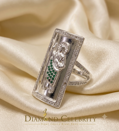 DiamondCelebritees 925 Sterling Silver St. Jude Green CZ White Religious Women's Ring Size 8.5