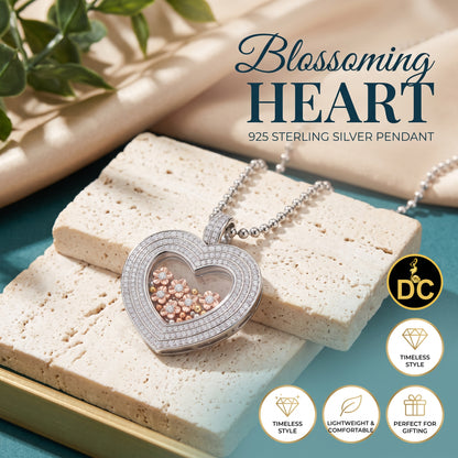 DiamondCelebritees 925 White Silver Heart Floating Flower /Bead in a Glass Cubic Zirconia Pendant