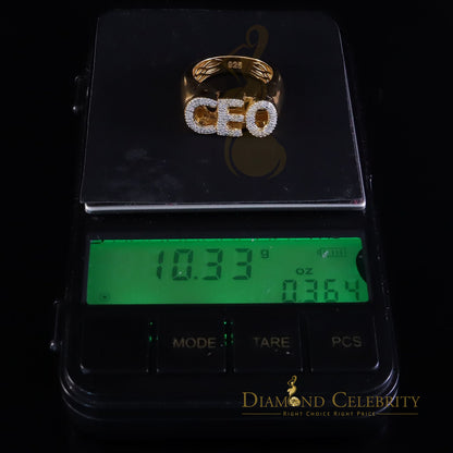 DiamondCelebritees Stylish 925 Yellow Silver 0.40ct Real Micro Diamond Men's "CEO" word Ring SZ 8