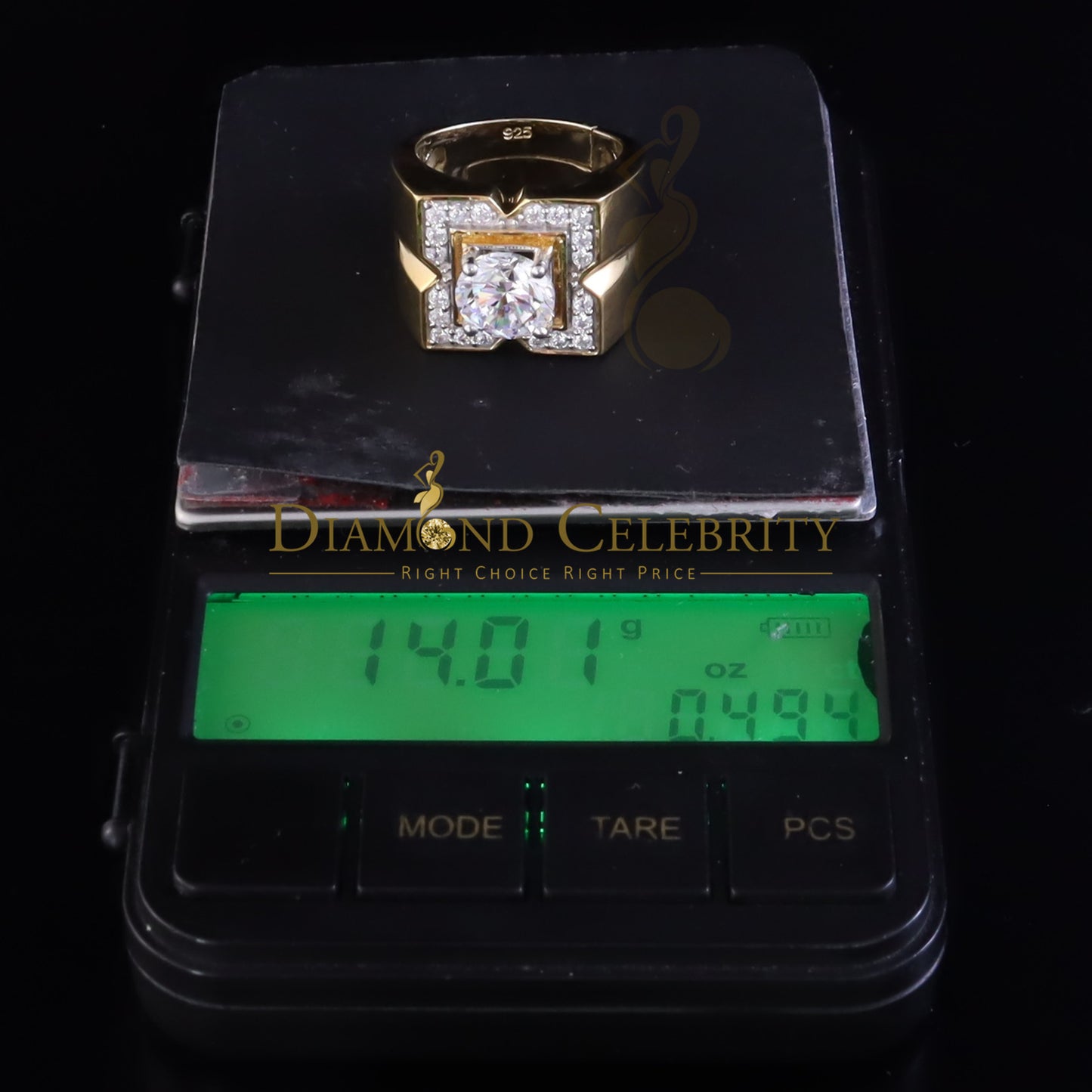 DiamondCelebritees 4.50ct Cubic Zirconia Yellow 925 Silver Men's Adjustable Ring SZ From 9 to 11