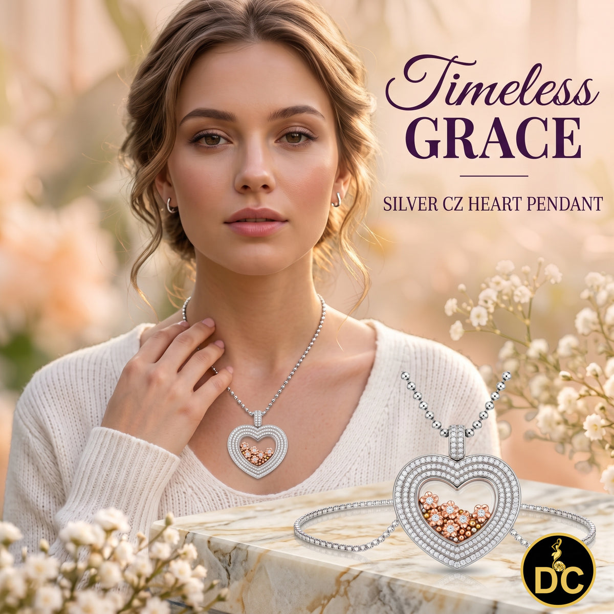 DiamondCelebritees 925 White Silver Heart Floating Flower /Bead in a Glass Cubic Zirconia Pendant