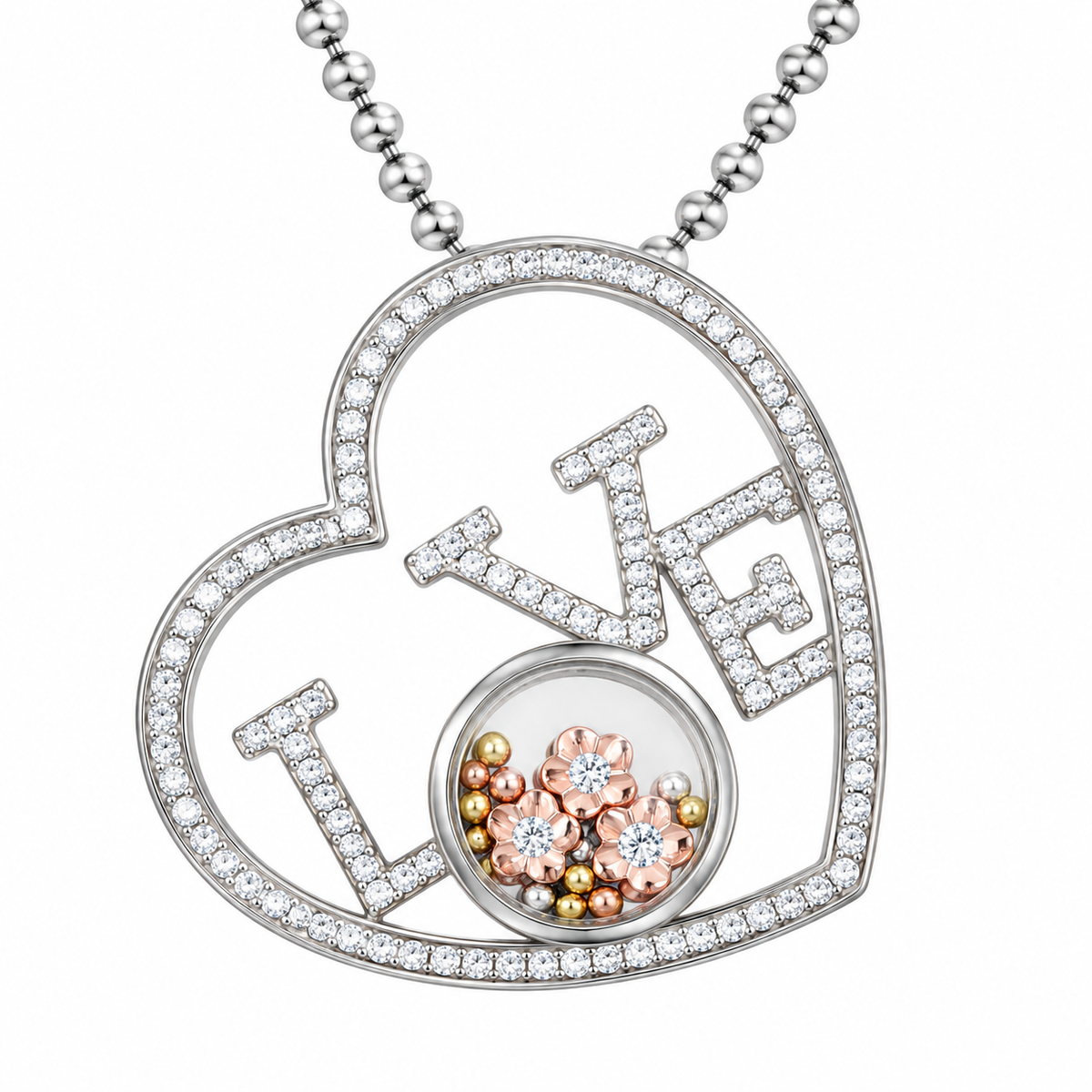 DiamondCelebritees 925 White Sterling Silver LOVE IN HEART Floating Bead Glass CZ Slide Pendant