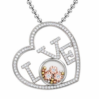 DiamondCelebritees 925 White Sterling Silver LOVE IN HEART Floating Bead Glass CZ Slide Pendant