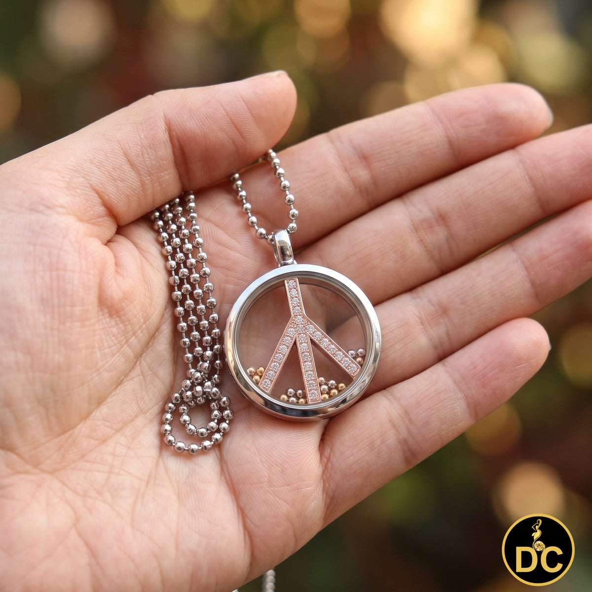 DiamondCelebritees 925 White Sterling Silver Peace Sign Floating Glass 0.25ct Cubic Zircon Pendant