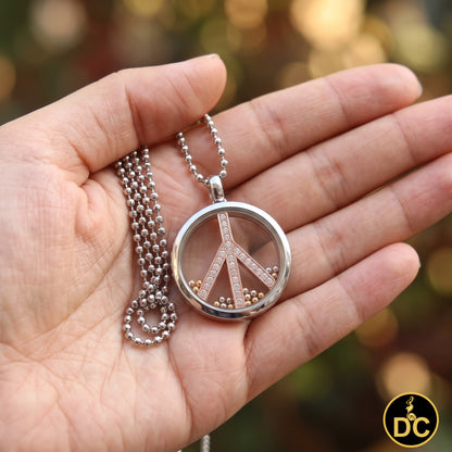 DiamondCelebritees 925 White Sterling Silver Peace Sign Floating Glass 0.25ct Cubic Zircon Pendant