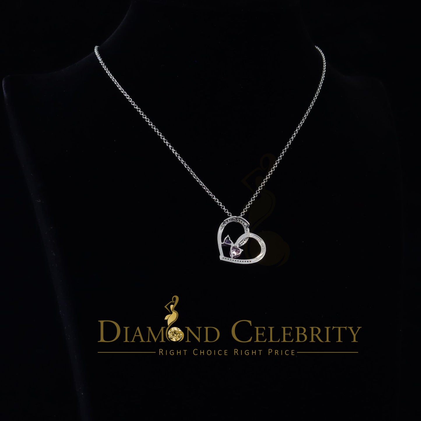 DiamondCelebritees  Two Stones Pink Blue Heart Solitaire 0.1ct Silver Diamonds White Charm Pendant