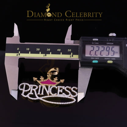 Diamondcelebritees 3ct Real Moissanite 925 "Silver PRINCESS" with Pink Enamel CROWN Yellow Pendant