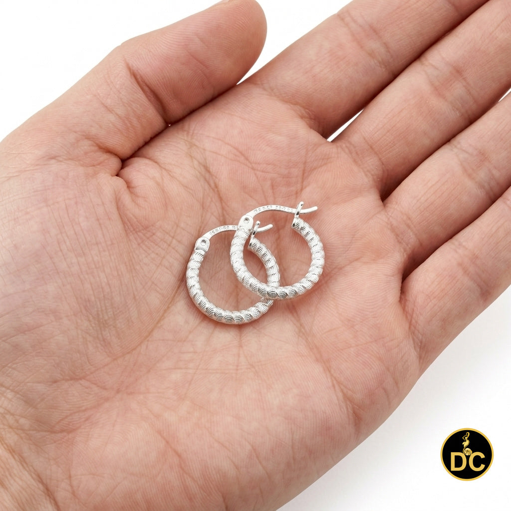 925 Silver Snake Chain Pattern Ribbed Textured Diamond Cut 15mm Hoop Earrings