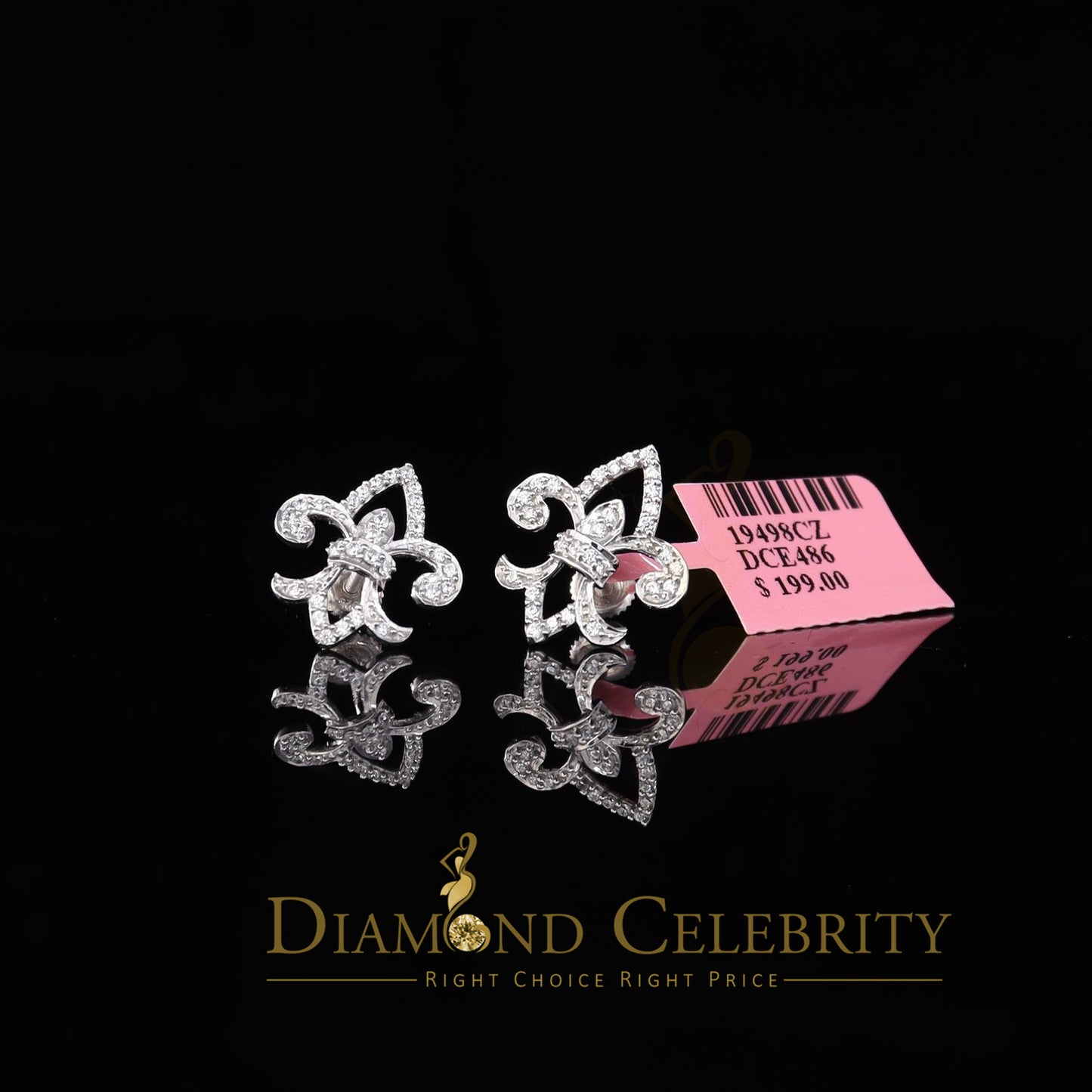 DiamondCelebritees  925 White Silver 0.60ct Cubic Zirconia Fleur de Lis Screw Back Women's Earrings