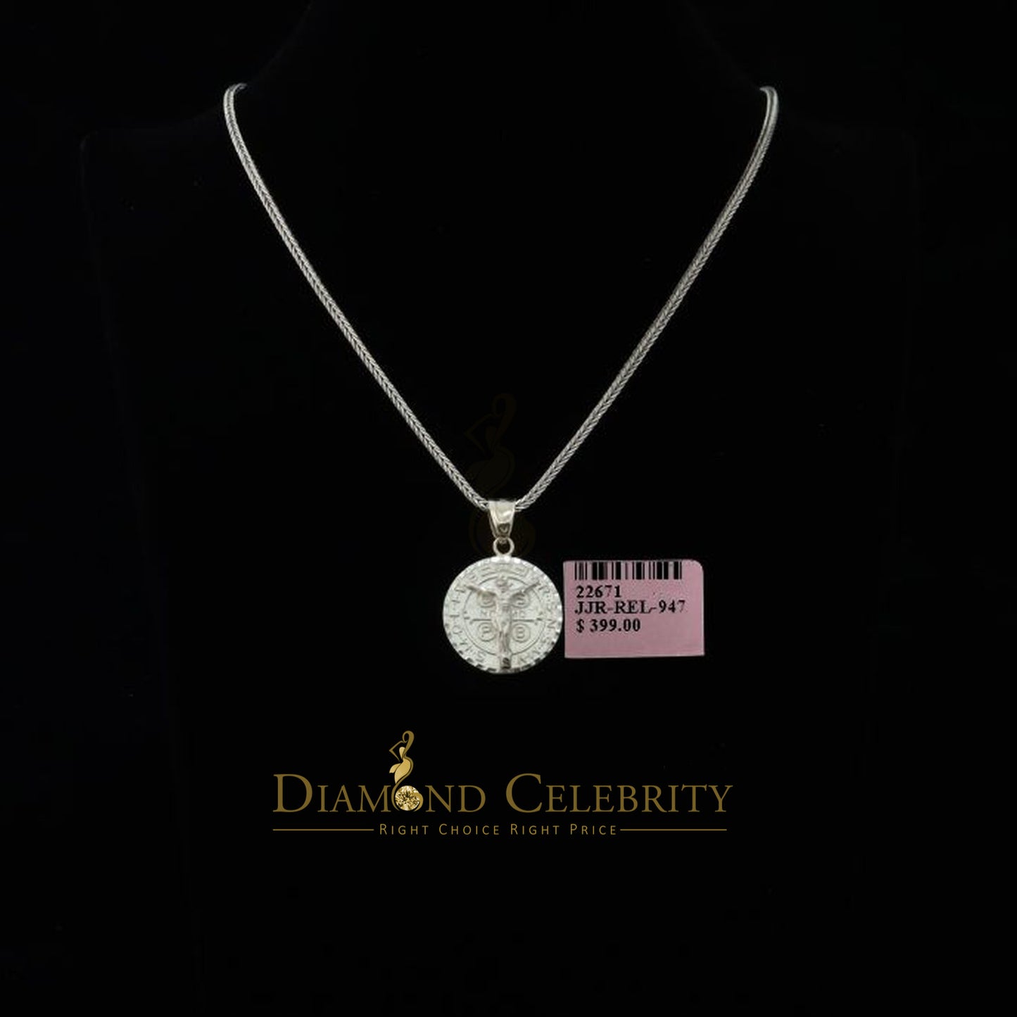 DiamondCelebritees Double Side Jesus Crusification & ST Benadict Men/Women Pendant White 925 Silver