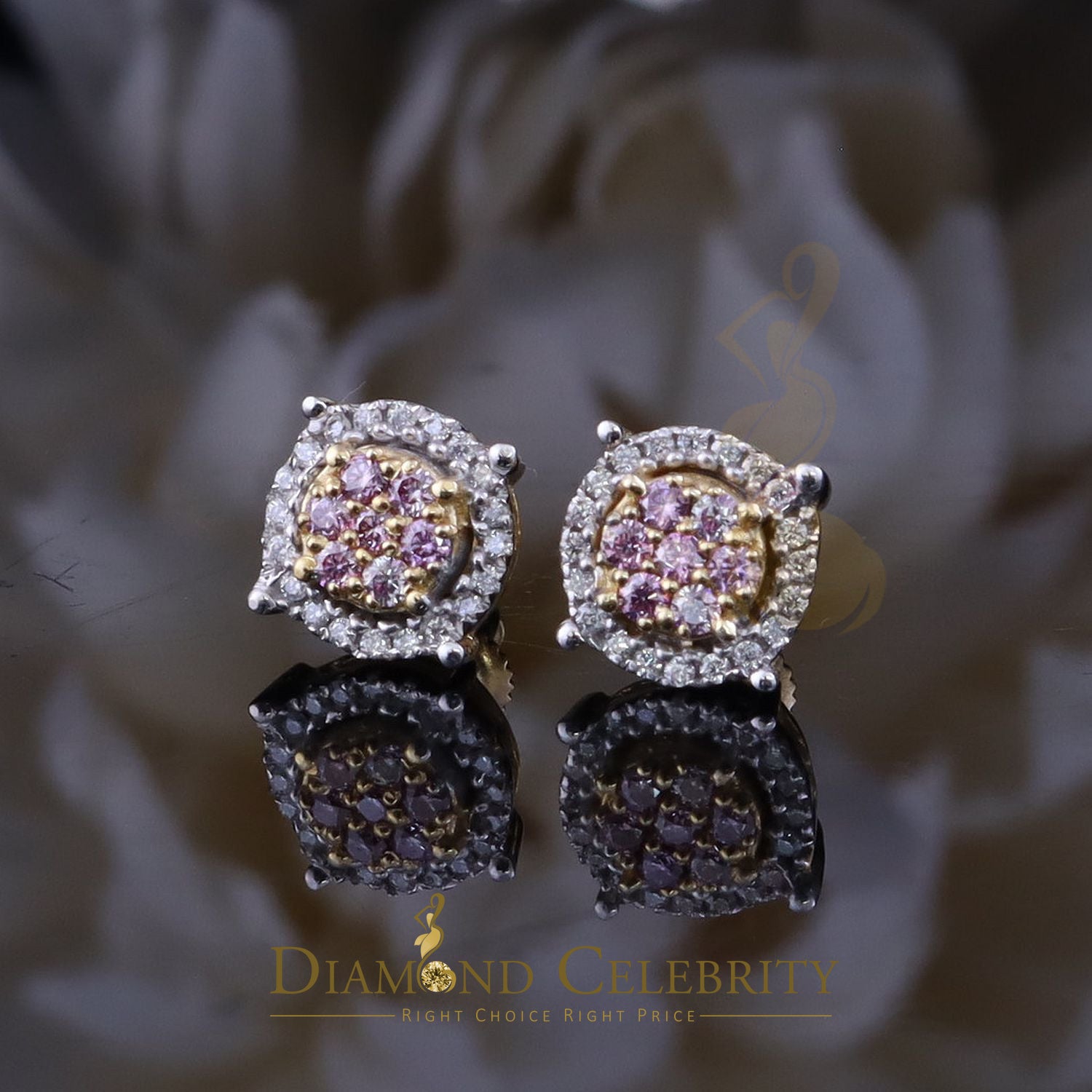 DiamondCelebritees Women's 925 Silver Yellow 0.40ct VVS 'D' Pink Moissanite Round Stud Earrings