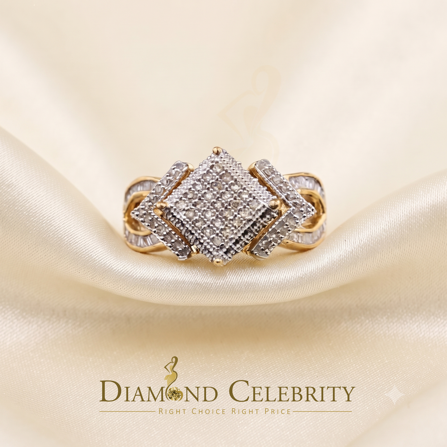 DiamondCelebritees Yellow 925 Silver 0.50 CT Real Diamond Engagement Womens Square Ring Size 7