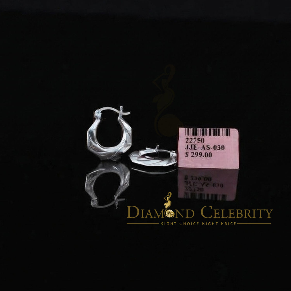925 Silver Octagonal Shape W/Polished facets & textured dotted 16mm Hoop Earring