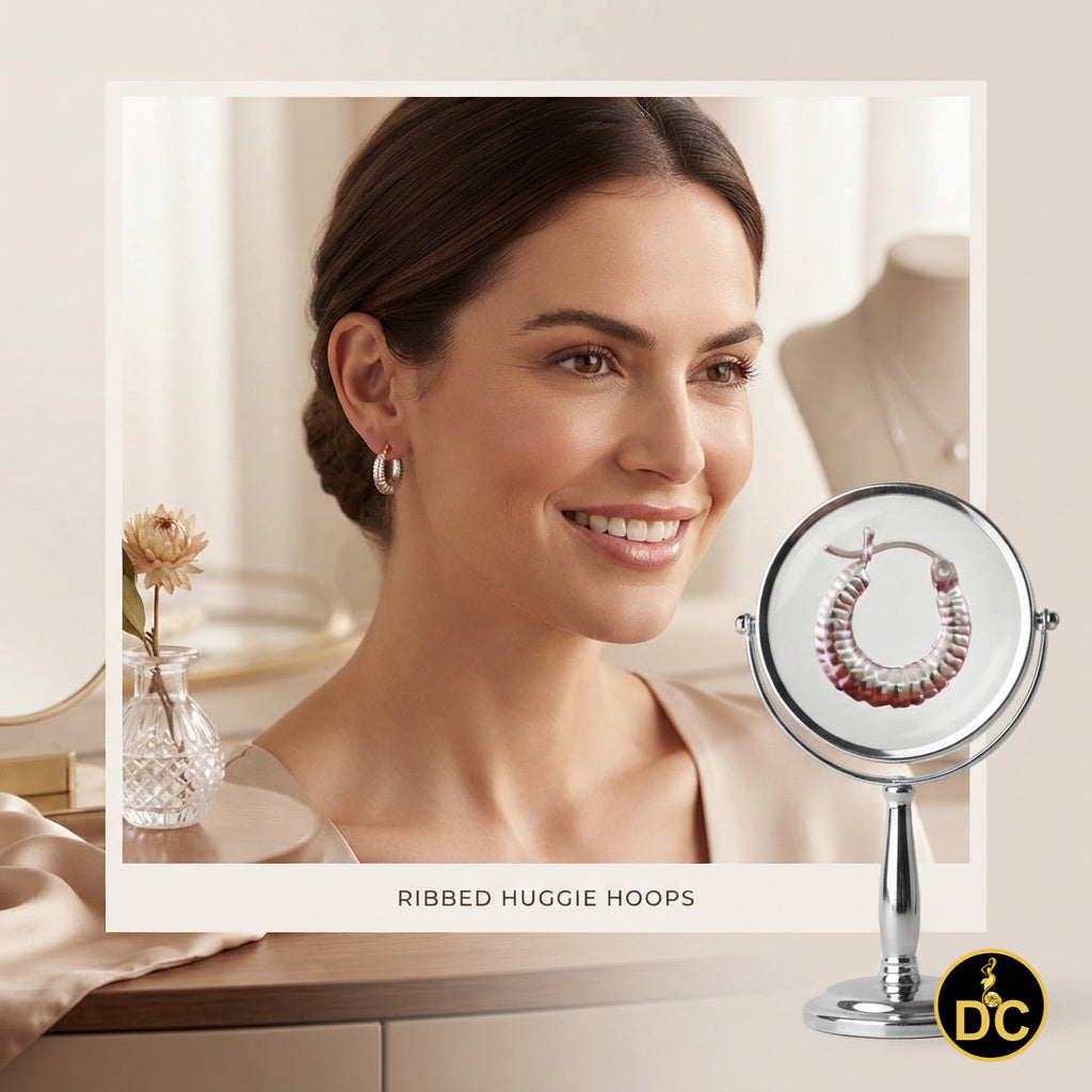 925 Silver Tubular Ribbed Round Croissant Shape Tubogas-Style 15mm Hoop Earrings
