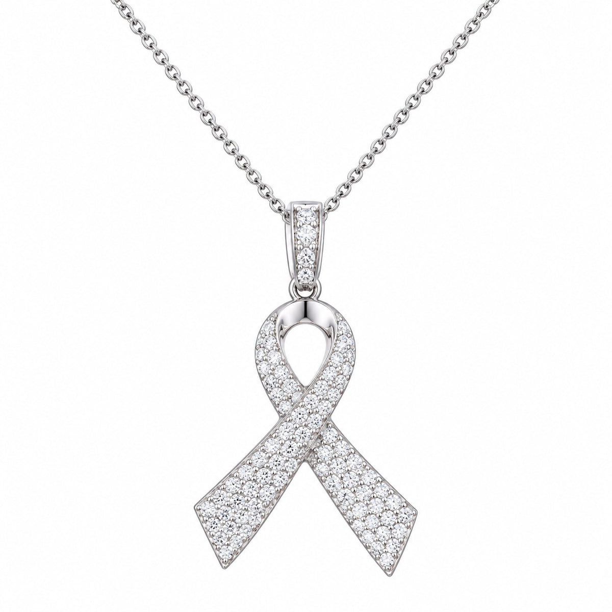 DiamondCelebritees 925 Silver White Clear 0.50ct CZ Hope Ribbon Pendant for Breast Cancer Support