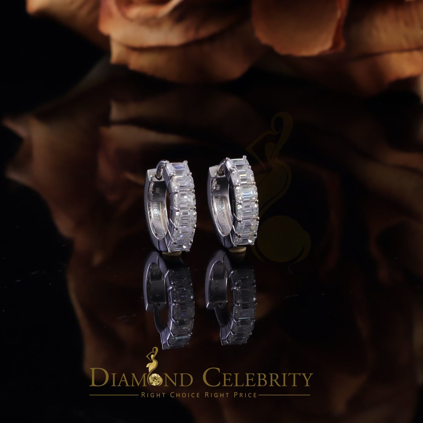 Diamondcelebritees 3.00ct Moissanite Emerald cut White 925 Sterling Silver Women's Hoop Earrings