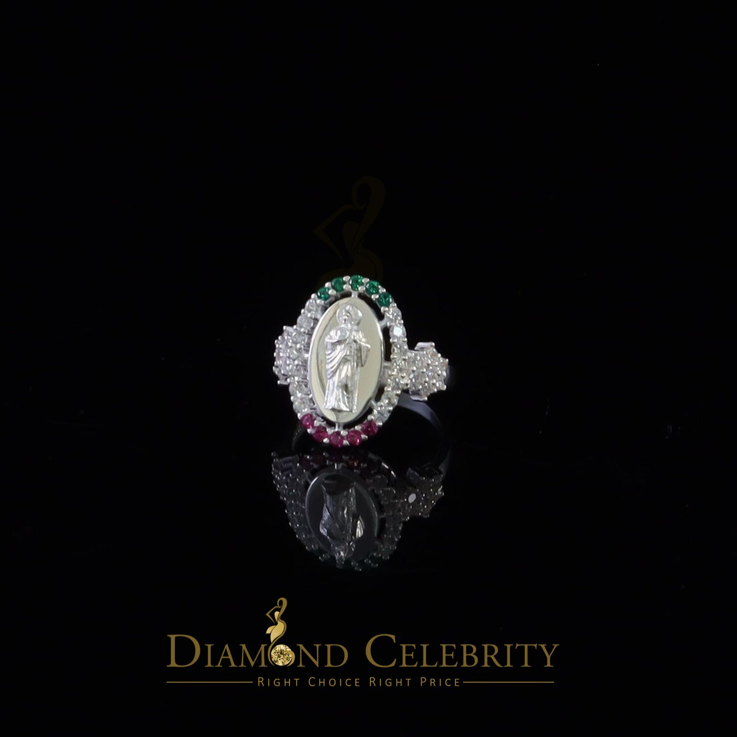 DiamondCelebritees White 925 Silver Saint Jude Thaddeus Pink & Green stone Women Religious Ring SZ7