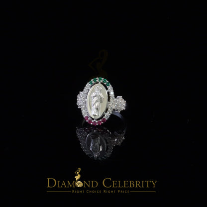 DiamondCelebritees White 925 Silver Saint Jude Thaddeus Pink & Green stone Women Religious Ring SZ7
