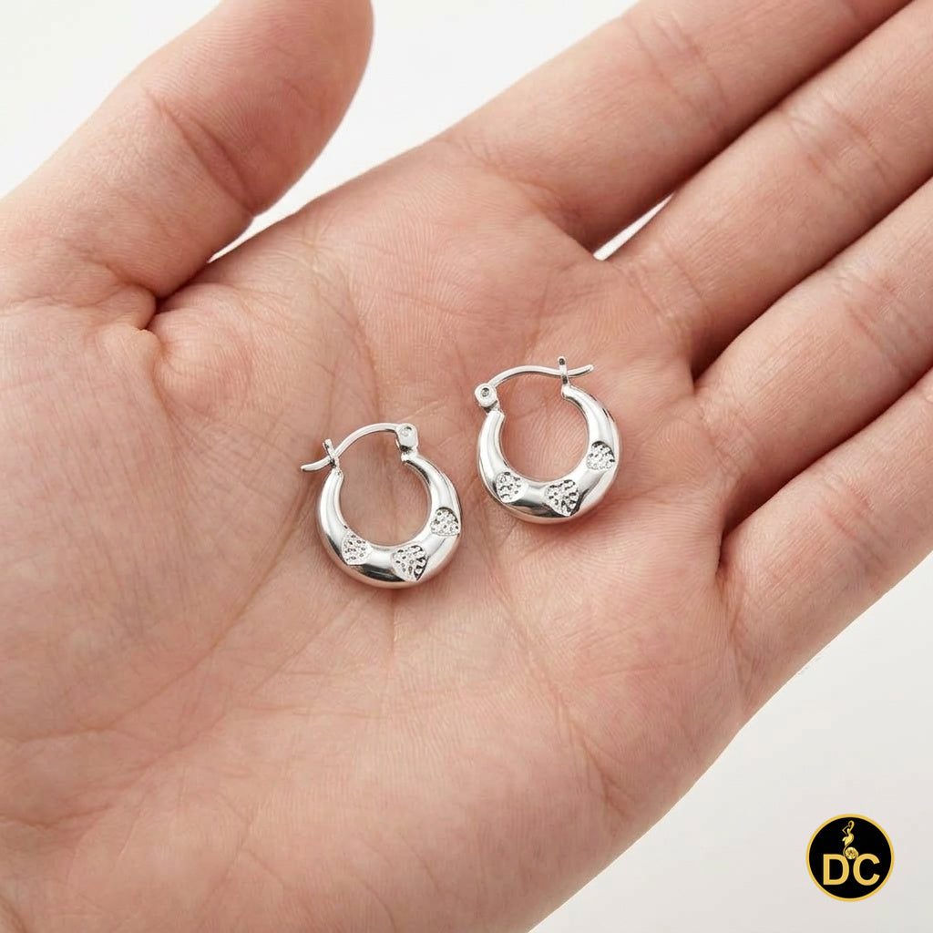 925 Sterling Silver 3/Texture Heart Accent Along curved Hallow 15mm Hoop Earring