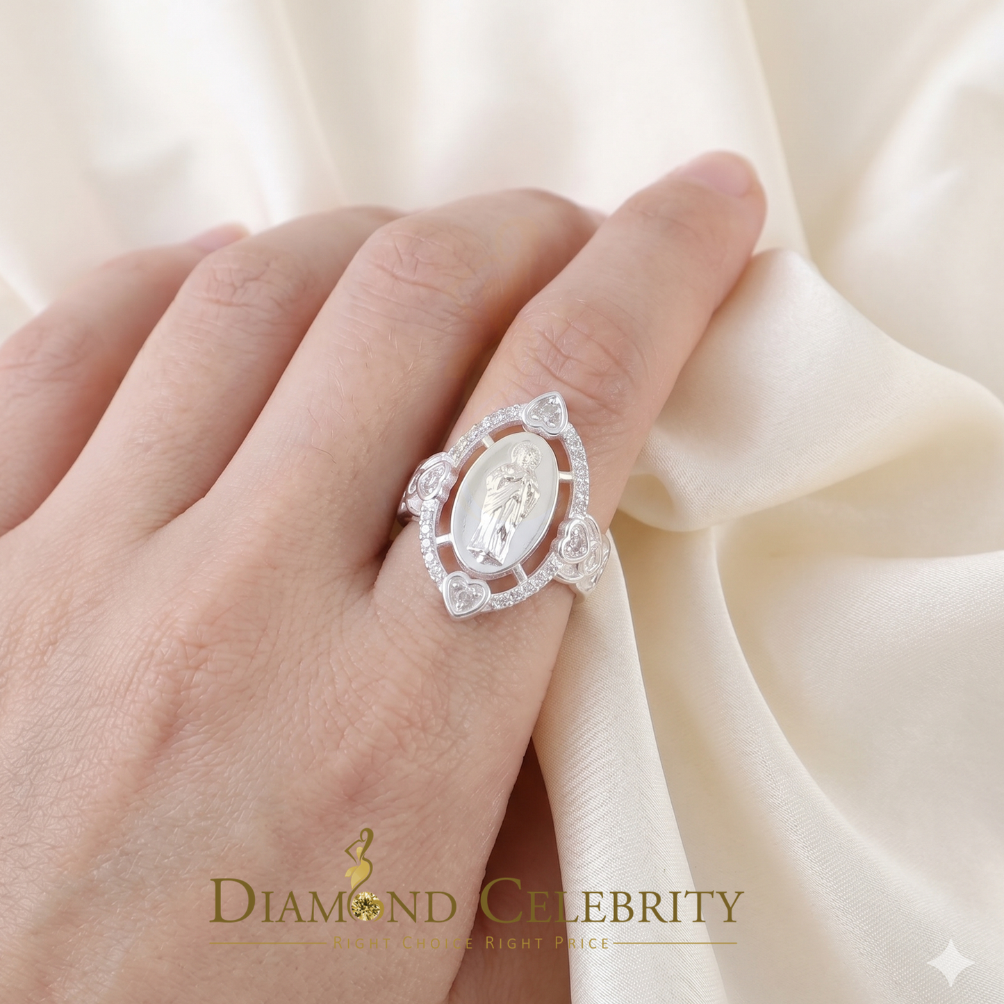 DiamondCelebritees White 925 Silver Saint Jude Thaddeus CZ Women's Medallion Religious Ring SZ 6