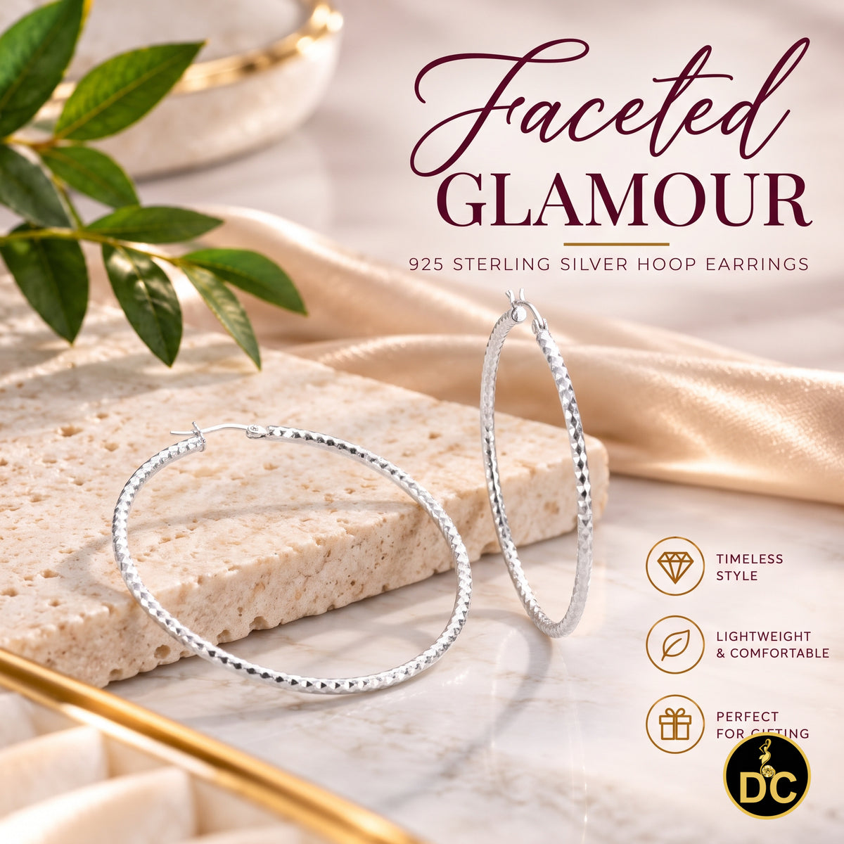 925 Sterling Silver Diamond-Cut Shimmering Honeycomb Textured 39mm Hoop Earrings