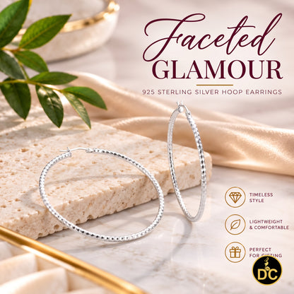 925 Sterling Silver Diamond-Cut Shimmering Honeycomb Textured 39mm Hoop Earrings
