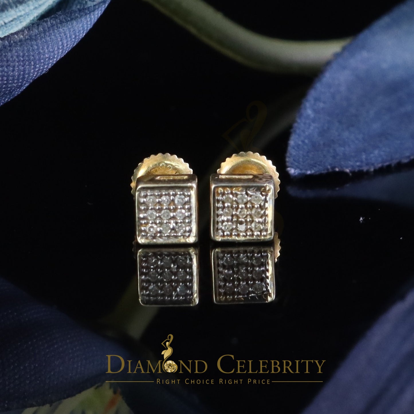 DiamondCelebritees 925 Yellow Silver 0.05ct Sterling Diamond Square Earring For Men's & Women's