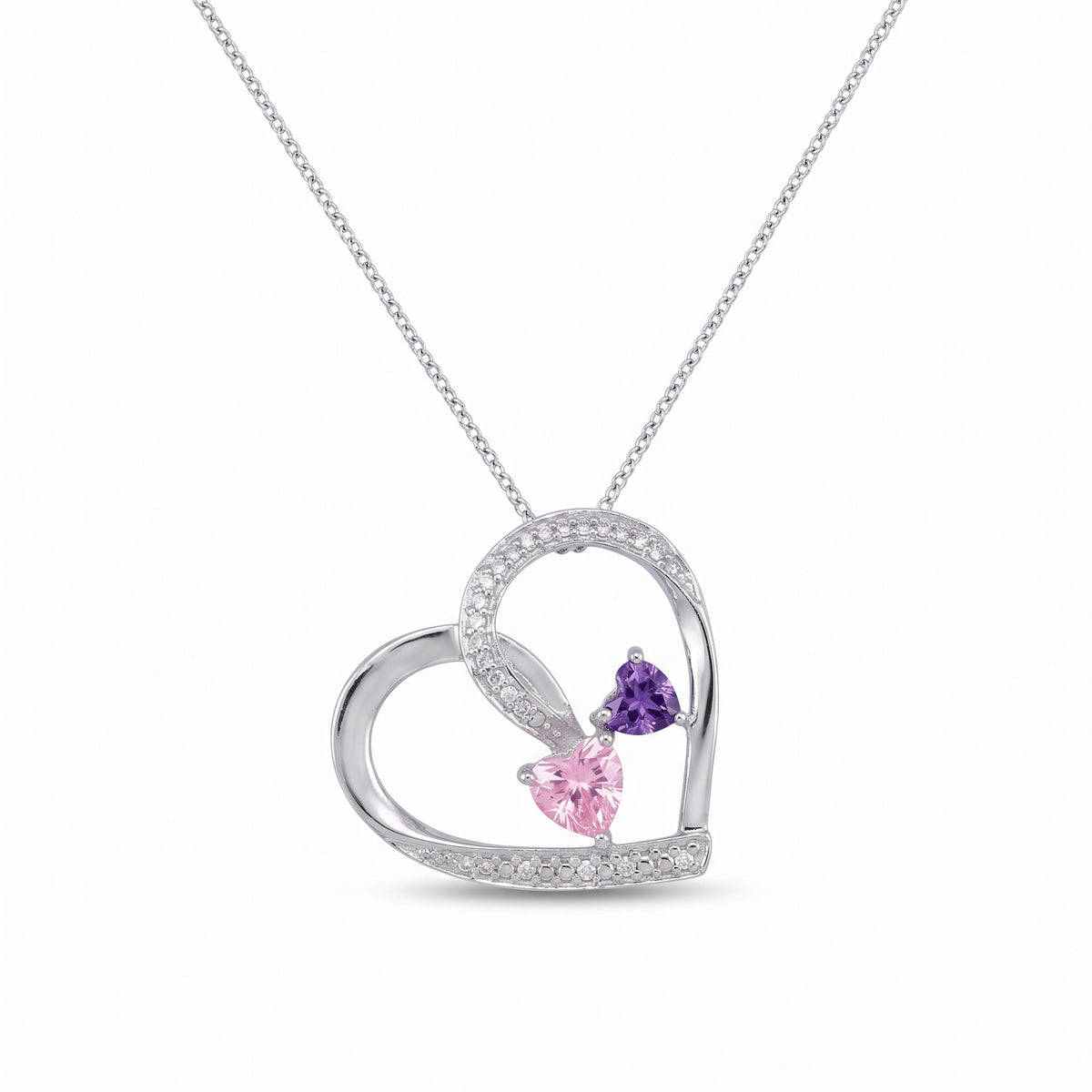 DiamondCelebritees  925 White Silver Double-Loop Open Heart W/Pink & Purple 0.01ct Diamond Pendant