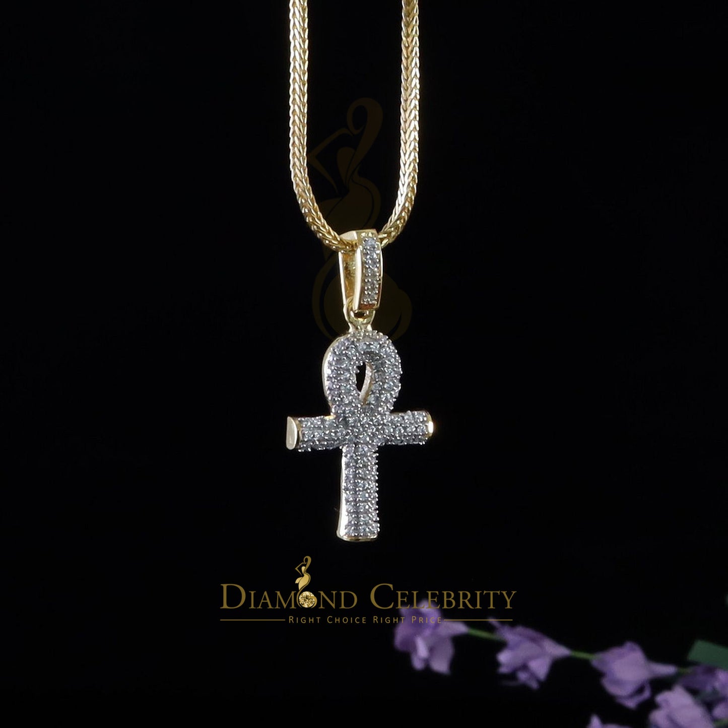 DiamondCelebritees Yellow 925 Mens ANKH Sterling Silver Shape Pendant with 0.82ct Cubic Zirconia