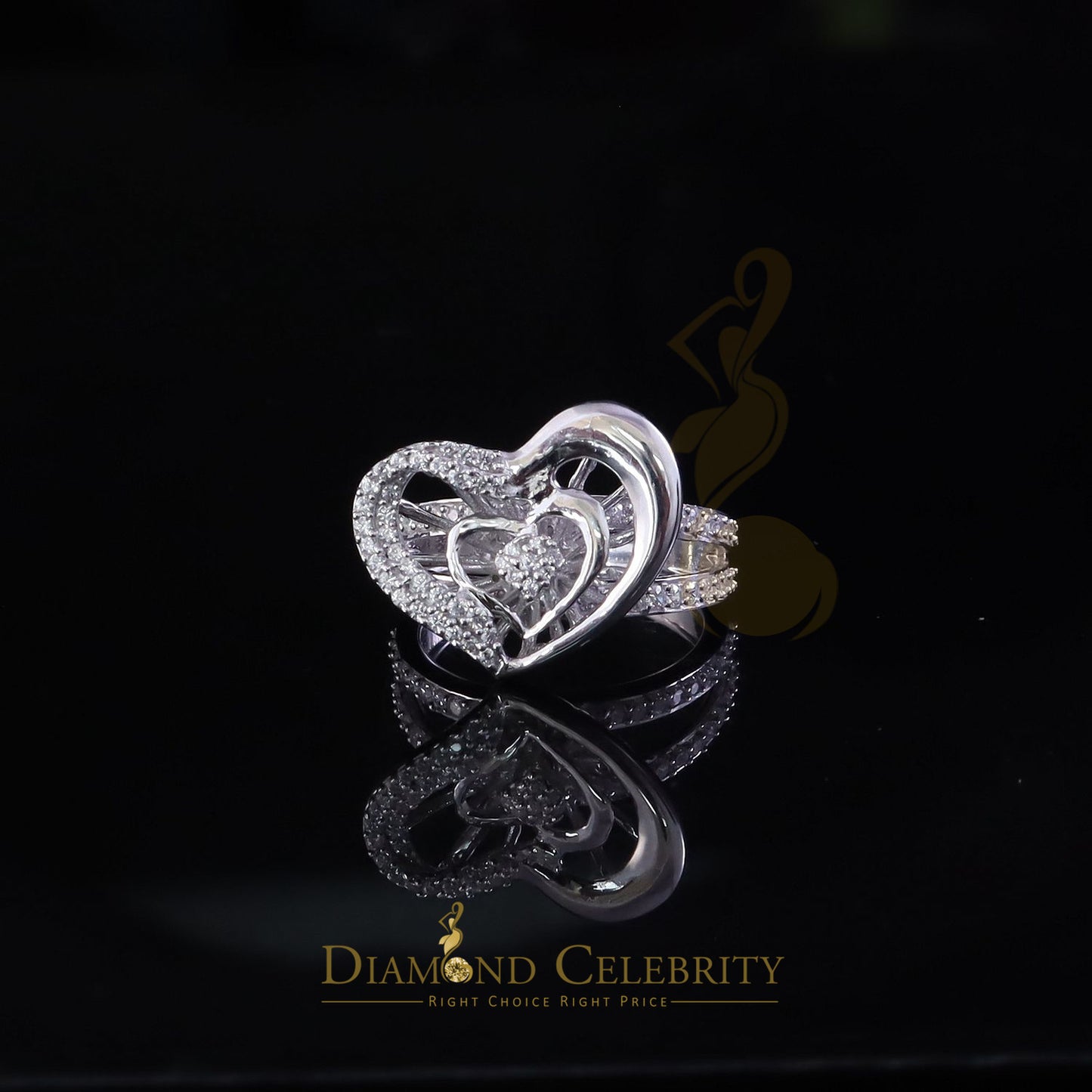 DiamondCelebritees 925 Silver Baguette 85 Cubic Zirconia Stones White Dual Heart Womens Ring SZ7.
