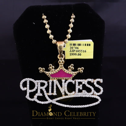 Diamondcelebritees 3ct Real Moissanite 925 "Silver PRINCESS" with Pink Enamel CROWN Yellow Pendant