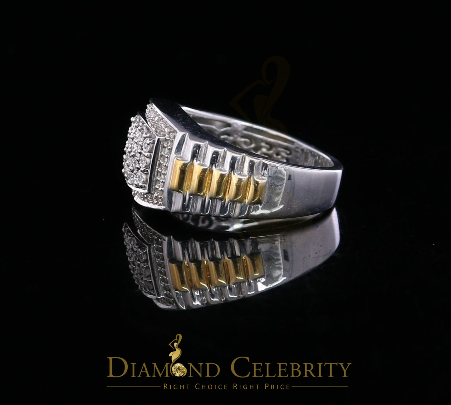 DiamondCelebritees 0.25 CT Real Diamond 925 Sterling White Silver Two Tone Shine Men's Ring Size 10