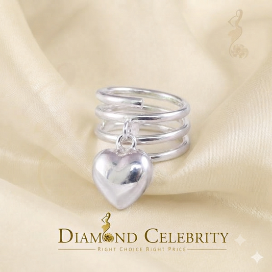 DiamondCelebritees White 925 Sterling Silver Hanging Heart Dangling Adjustable Women's Ring SZ 6.5
