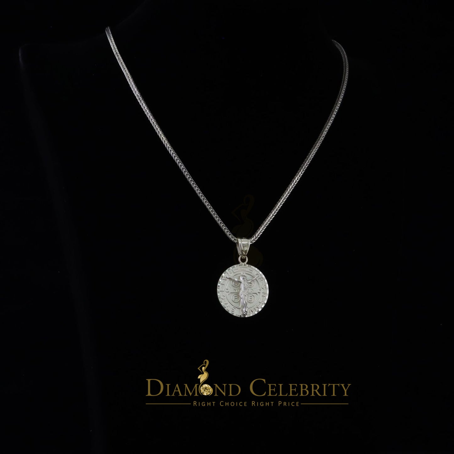 DiamondCelebritees Double Side Jesus Crusification & ST Benadict Men/Women Pendant White 925 Silver