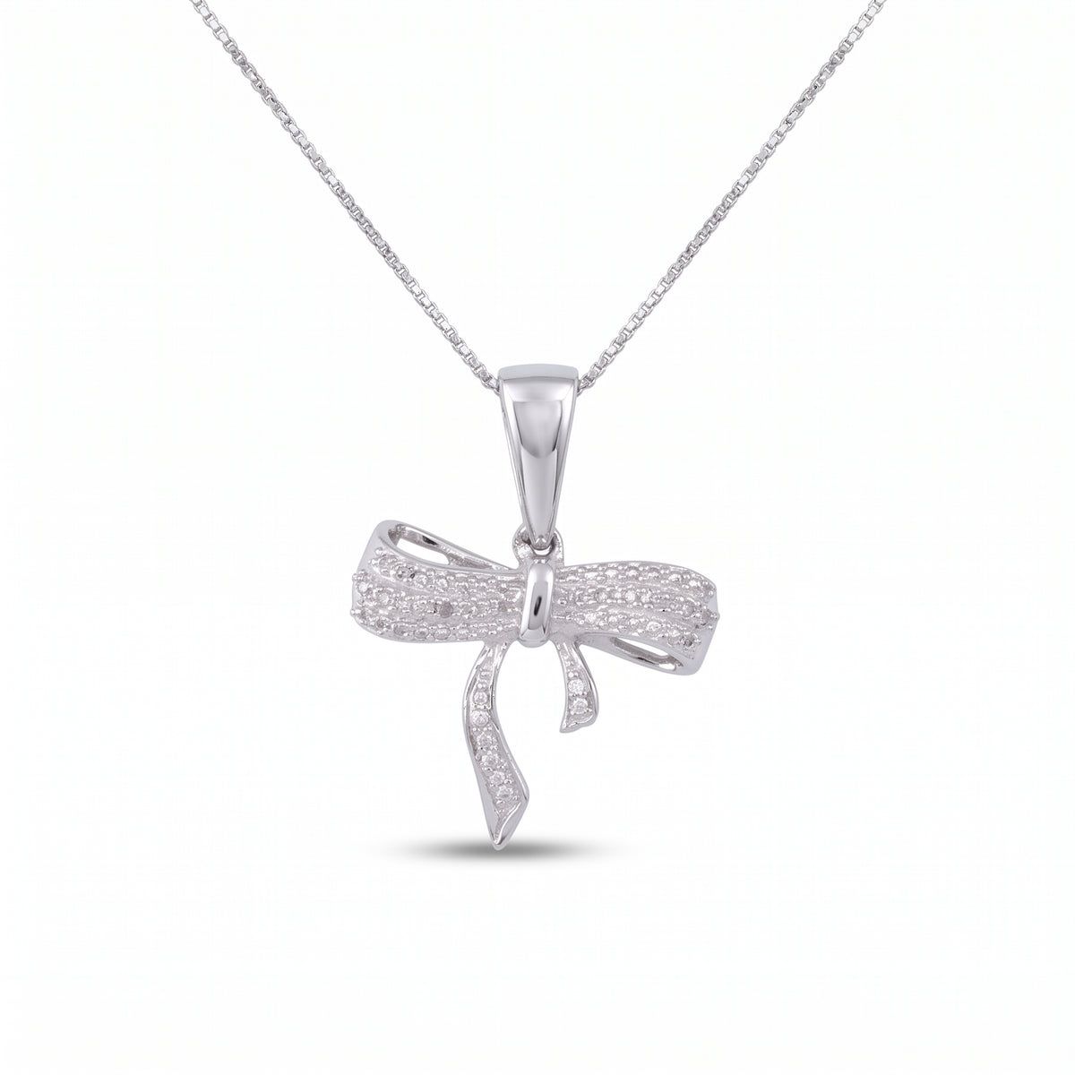 DiamondCelebritees  925 Sterling Silver Real 0.05CT Diamond Ribbon Bow White 18mm Necklace Pendant