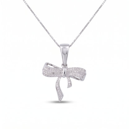 DiamondCelebritees  925 Sterling Silver Real 0.05CT Diamond Ribbon Bow White 18mm Necklace Pendant