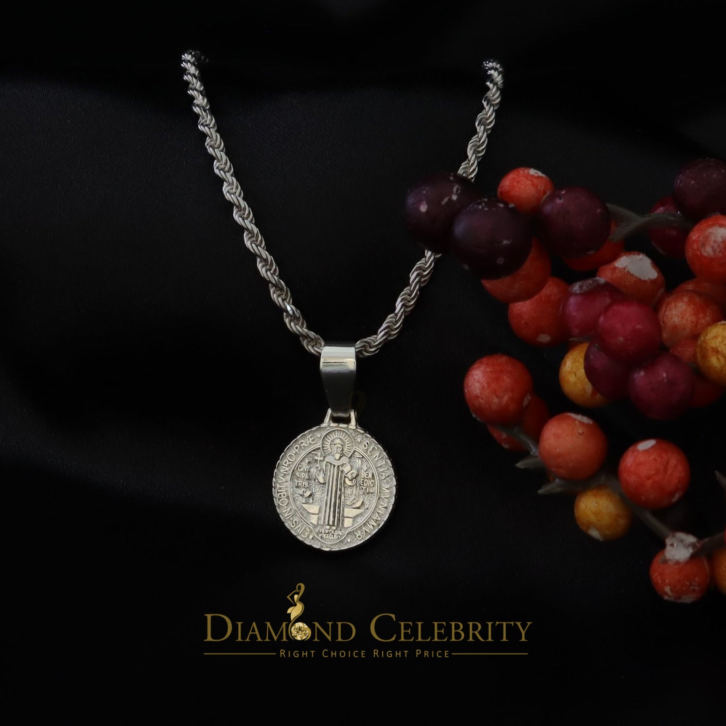 DiamondCelebritees Double Side Round Benedict Men's/Women's Pendant Religious 925 Sterling Silver
