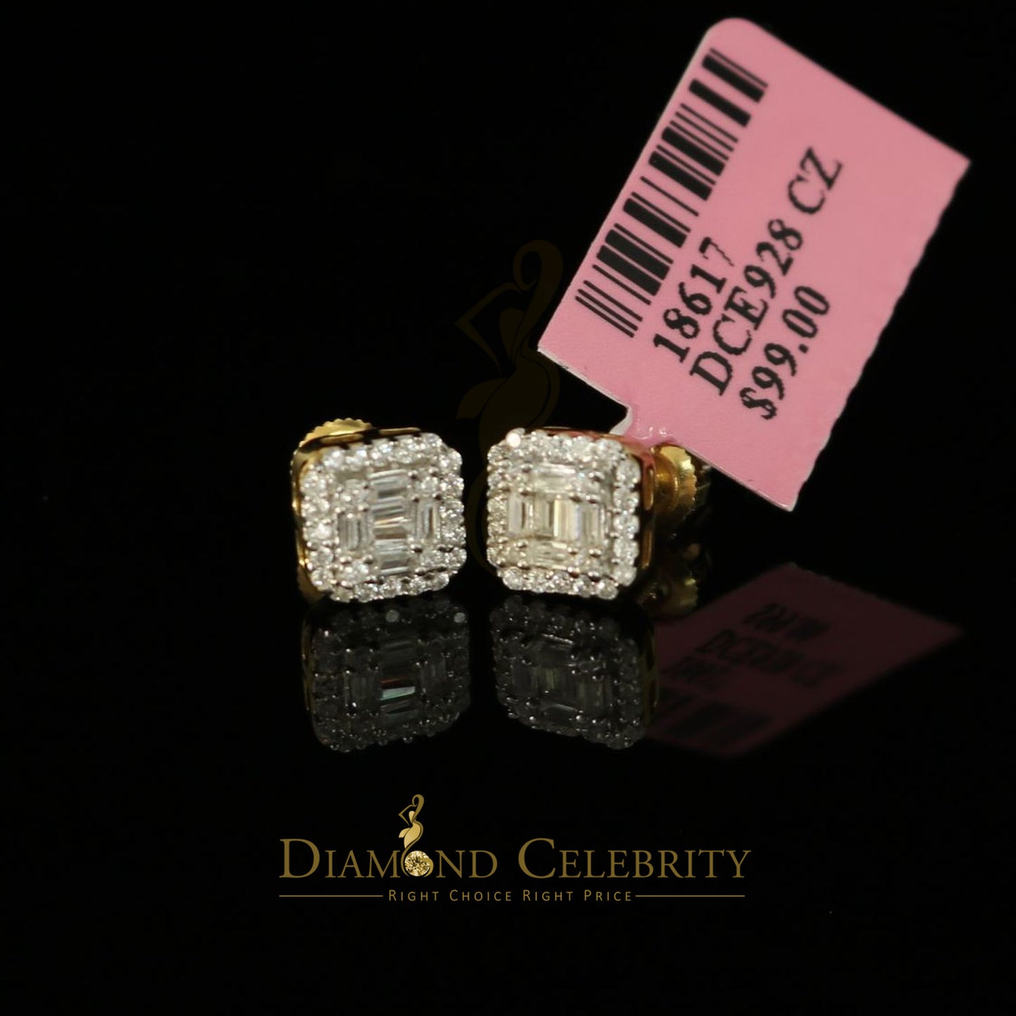 DiamondCelebritees  925 Yellow Silver 0.64ct Cubic Zirconia Women's & Men's Hip Hop Square Earrings