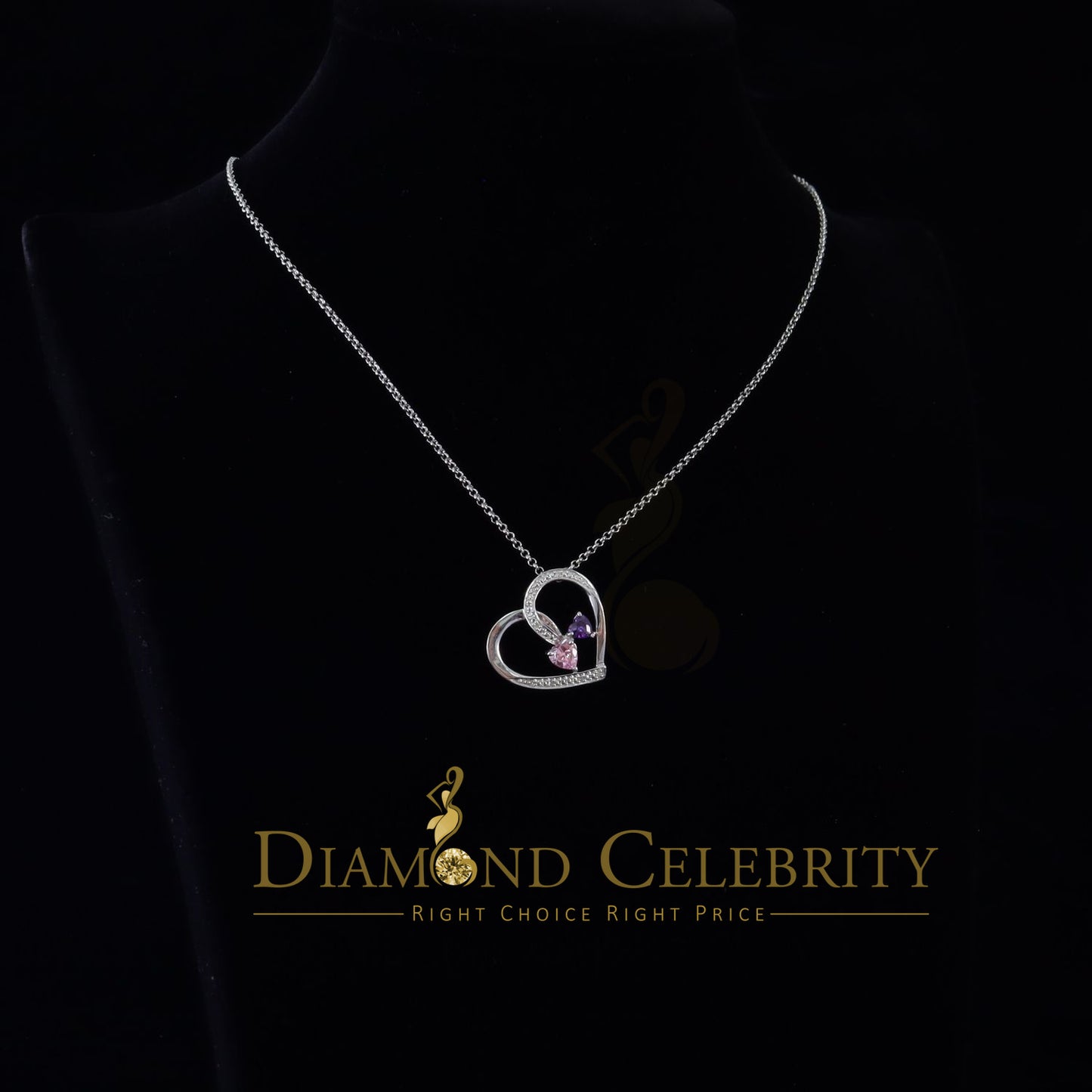 DiamondCelebritees  Two Stones Pink Blue Heart Solitaire 0.1ct Silver Diamonds White Charm Pendant