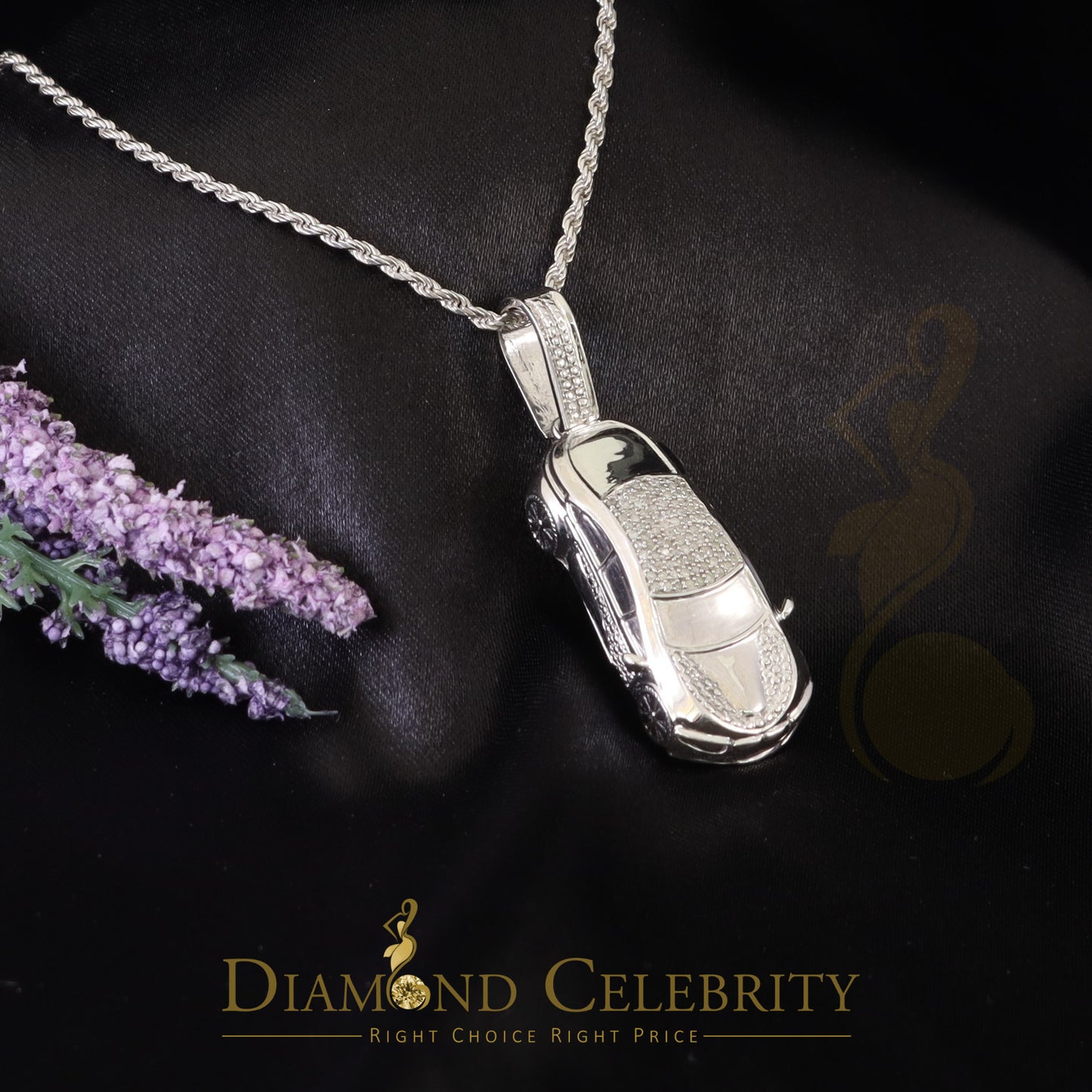 DiamondCelebritees Real 0.33ct Diamond 925 Sterling Silver Sport CAR Charm Necklace Pendant White