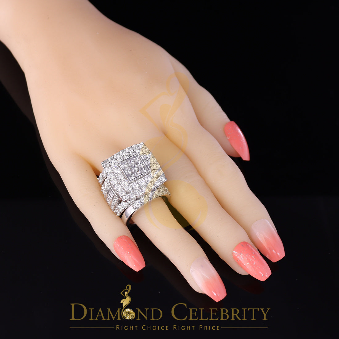 DiamondCelebritees 925 White Silver Square 22.41ct Cubic Zirconia Halo Trio Wedding Ring Size 9